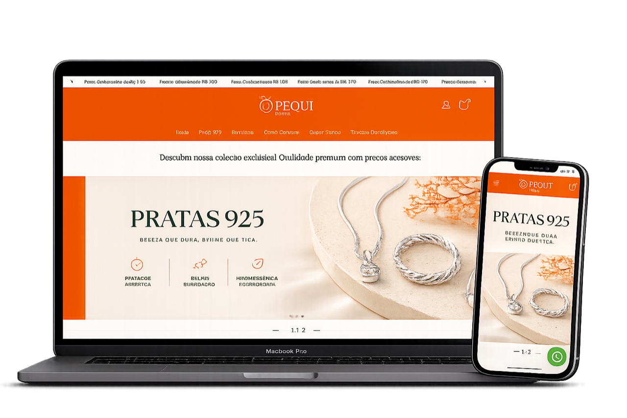 Mockup do projeto Pequi Joias em desktop e celular